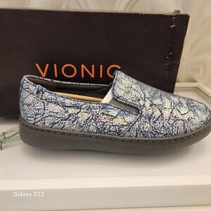 Vionic Avery Sneakers Leather Slip On Blue Iridescent Metallic Shoes. NIB